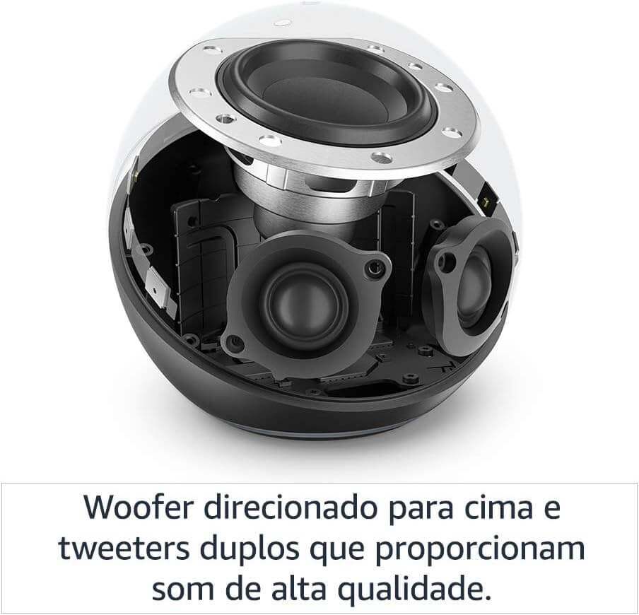 Alexa echo dot 4 geracao woofer direcionado para cima e tweeters duplos que proporcionam som potente de alta qualidade.